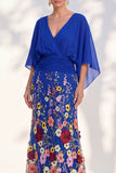 Mermaid Champagne Floral V-Neck Long Mother Of the Bride Dress with Cape Sleeves