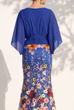 Mermaid Champagne Floral V-Neck Long Mother Of the Bride Dress with Cape Sleeves