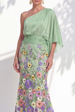 One Shoulder Lilac Mermaid Floral Long Mother Of the Bride Dress with Cape Sleeves