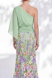 One Shoulder Lilac Mermaid Floral Long Mother Of the Bride Dress with Cape Sleeves