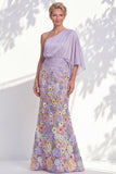 One Shoulder Lilac Mermaid Floral Long Mother Of the Bride Dress with Cape Sleeves