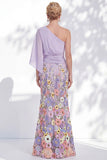 One Shoulder Lilac Mermaid Floral Long Mother Of the Bride Dress with Cape Sleeves