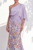 One Shoulder Lilac Mermaid Floral Long Mother Of the Bride Dress with Cape Sleeves