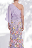 One Shoulder Lilac Mermaid Floral Long Mother Of the Bride Dress with Cape Sleeves