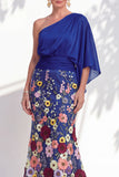 One Shoulder Lilac Mermaid Floral Long Mother Of the Bride Dress with Cape Sleeves