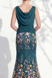 Dark Green Mermaid Bateau Neck 3D Floral Long Mother Of the Bride Dress