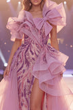 Sparkly Grey Purple One Shoulder Sequins Mermaid Long Pageant Dress with Slit