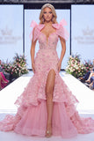 Pink Mermaid Organza Floral Bow Long Pageant Dress with Slit