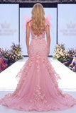 Pink Mermaid Organza Floral Bow Long Pageant Dress with Slit