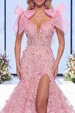 Pink Mermaid Organza Floral Bow Long Pageant Dress with Slit
