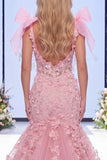 Pink Mermaid Organza Floral Bow Long Pageant Dress with Slit