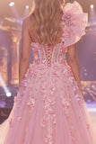 Pink Mermaid One Shoulder Sheer Corset Floral Long Pageant Dress with Slit