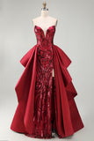 Red Mermaid Sheer Corset Sweetheart Beaded Long Pageant Dress with Sash