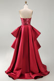 Red Mermaid Sheer Corset Sweetheart Beaded Long Pageant Dress with Sash