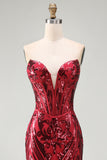 Red Mermaid Sheer Corset Sweetheart Beaded Long Pageant Dress with Sash