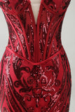 Red Mermaid Sheer Corset Sweetheart Beaded Long Pageant Dress with Sash
