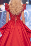 Red Mermaid Sheer Corset Beaded Long Pageant Dress with Sash