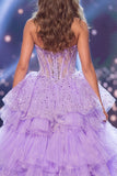 Sparkly Lilac Sweetheart Sheer Corset Sequins Long Pageant Dress with Sash