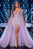 Lilac Sweetheart Corset Baeded Slit Long Pageant Dress with Sash