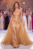 Sparkly Golden Halter Neck Mermaid Sequins Long Pageant Dress with Sash
