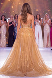 Sparkly Golden Halter Neck Mermaid Sequins Long Pageant Dress with Sash