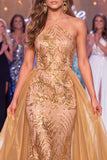 Sparkly Golden Halter Neck Mermaid Sequins Long Pageant Dress with Sash