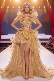 Sparkly Golden V-Neck Mermaid Sequins Slit Long Pageant Dress with Sash