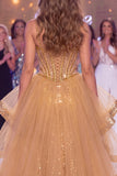 Sparkly Golden Sheer Corset Mermaid Sequins Long Pageant Dress with Slit