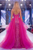 Sparkly Fuchsia Sweetheart Sheer Corset Mermaid Sequins Long Pageant Dress with Sash