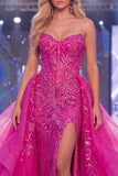 Sparkly Fuchsia Sweetheart Sheer Corset Mermaid Sequins Long Pageant Dress with Sash
