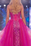 Sparkly Fuchsia Sweetheart Sheer Corset Mermaid Sequins Long Pageant Dress with Sash