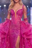 Sparkly Fuchsia Cold Shoulder Sheer Corset Mermaid Long Pageant Dress with Sash