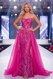 Sparkly Fuchsia Strapless Mermaid Sequins Long Pageant Dress with Sash