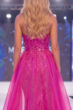 Sparkly Fuchsia Strapless Mermaid Sequins Long Pageant Dress with Sash