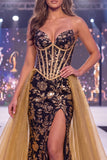 Sparkly Black Golden Mermaid Sequins Sweetheart Corset Long Pageant Dress with Sash