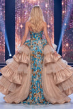 Sparkly Blue Mermaid Sequins Strapless Long Pageant Dress with Sash