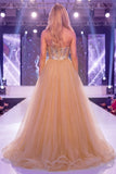 Sparkly Champagne Mermaid Sweetheart Sheer Corset Long Pageant Dress with Tulle Train