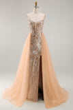 Sparkly Champagne Mermaid Sweetheart Sheer Corset Long Pageant Dress with Tulle Train