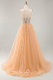 Sparkly Champagne Mermaid Sweetheart Sheer Corset Long Pageant Dress with Tulle Train
