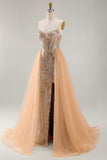 Sparkly Champagne Mermaid Sweetheart Sheer Corset Long Pageant Dress with Tulle Train