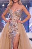 Sparkly Champagne Mermaid Sweetheart Sheer Corset Long Pageant Dress with Sash