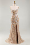 Sparkly Champagne Mermaid Sweetheart Sheer Corset Long Pageant Dress with Tulle Train