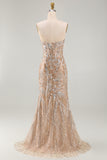 Sparkly Champagne Mermaid Sweetheart Sheer Corset Long Pageant Dress with Tulle Train