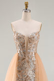 Sparkly Champagne Mermaid Sweetheart Sheer Corset Long Pageant Dress with Tulle Train