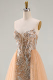 Sparkly Champagne Mermaid Sweetheart Sheer Corset Long Pageant Dress with Tulle Train