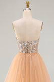 Sparkly Champagne Mermaid Sweetheart Sheer Corset Long Pageant Dress with Tulle Train