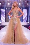 Sparkly Champagne Mermaid Sweetheart Sheer Corset Long Pageant Dress with Tulle Train