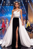 Black White Mermaid One Shoulder Ruched Beaded Long Pageant Dress with Sash