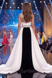 Black White Mermaid One Shoulder Ruched Beaded Long Pageant Dress with Sash