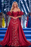 Burgundy Off the Shoulder Mermaid Ruched Beaded Long Pageant Dress with Sash